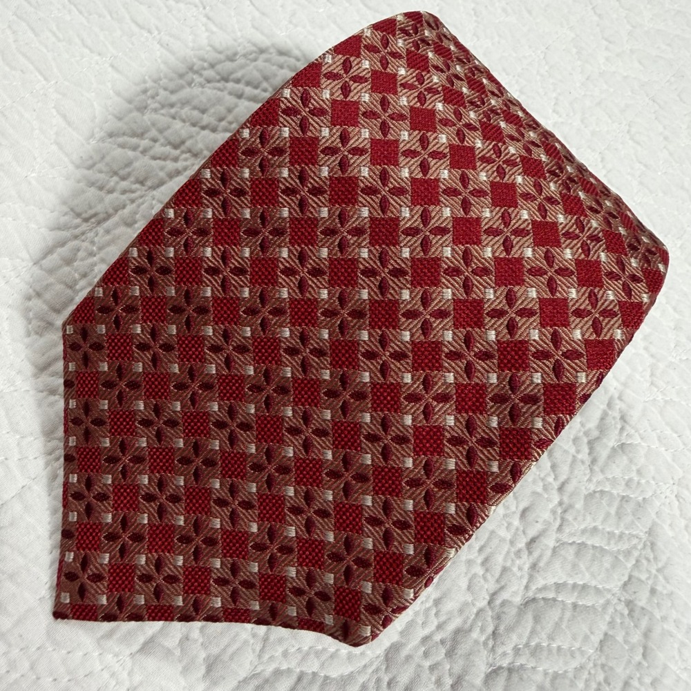 Geoff Nicholson Necktie Mens Burgundy Red Geometric‎ Floral 100% Silk Italy EUC